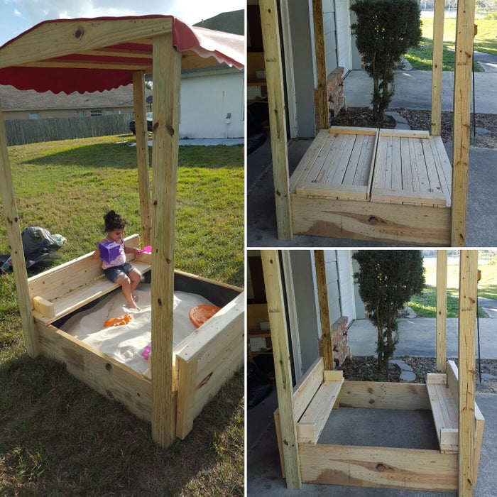 Sand Box W/ Lid That Opens Into Bench and a Canopy woodworking plan