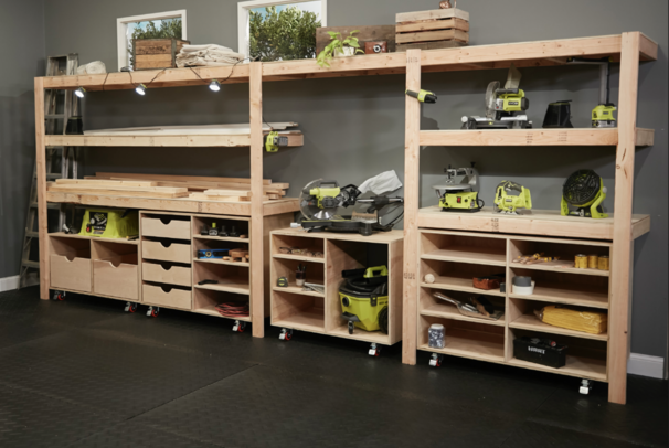 Roll Away Workbench Center with Wall Storage woodworking plan