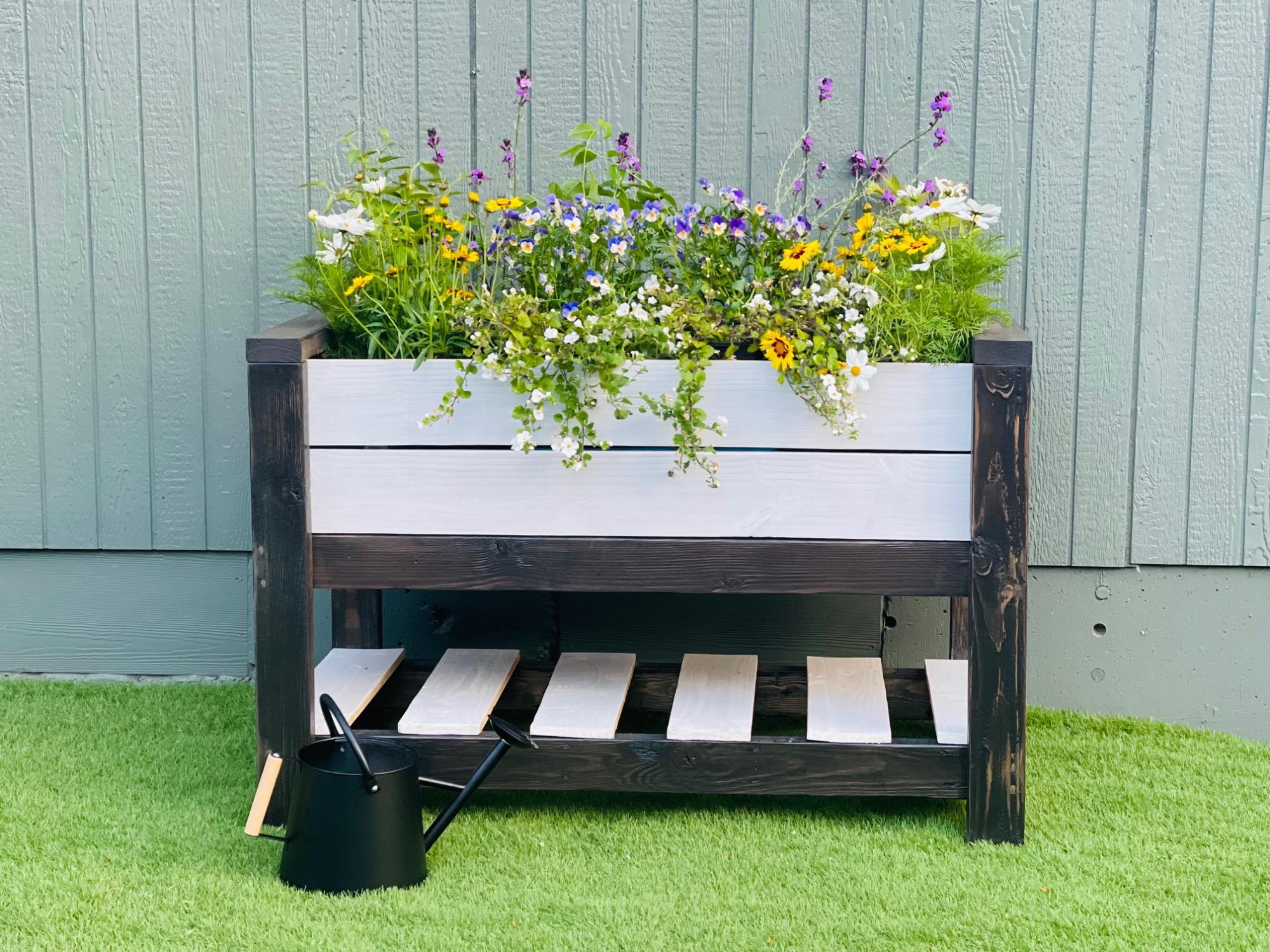 Cedar Fence Picket Raised Planter with Shelf - Image 1